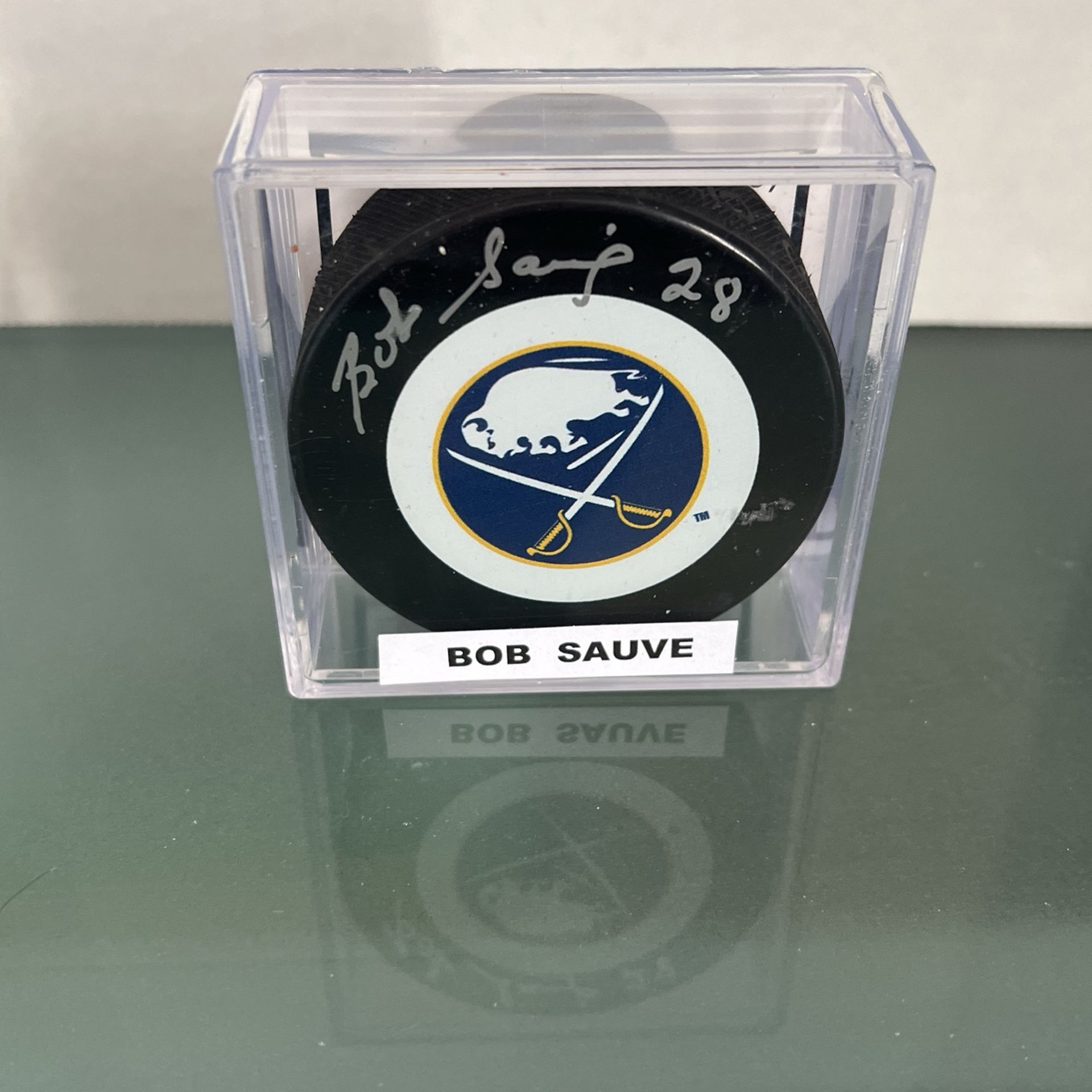 Bob Sauve Autographed Buffalo Sabres Throwback Hockey Puck