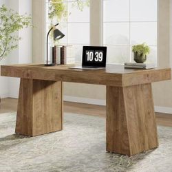 JW1088 55" Executive Desk, Wooden Office Desk with Double Pedestal, Modern Simple Computer Writing Table for Home Office, Light Brown