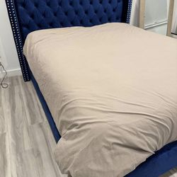 NEGOTIABLE - Blue Upholstered Bed Frame (queen)