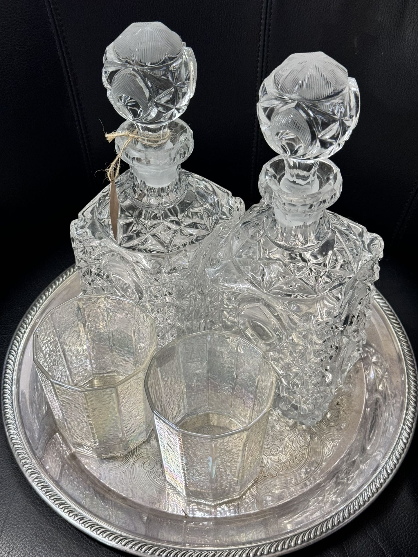 Pair Vintage Decanter Crystal Glass Cut & Pressed w Stopper 10” Tall