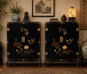 Vintage Chinese black lacquer cabinet with shelves
