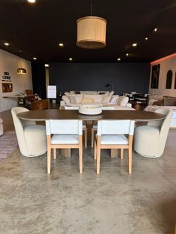 Arhaus Style Dining Set | Solid Oak Extendable Table | 6 Upholstered Chairs