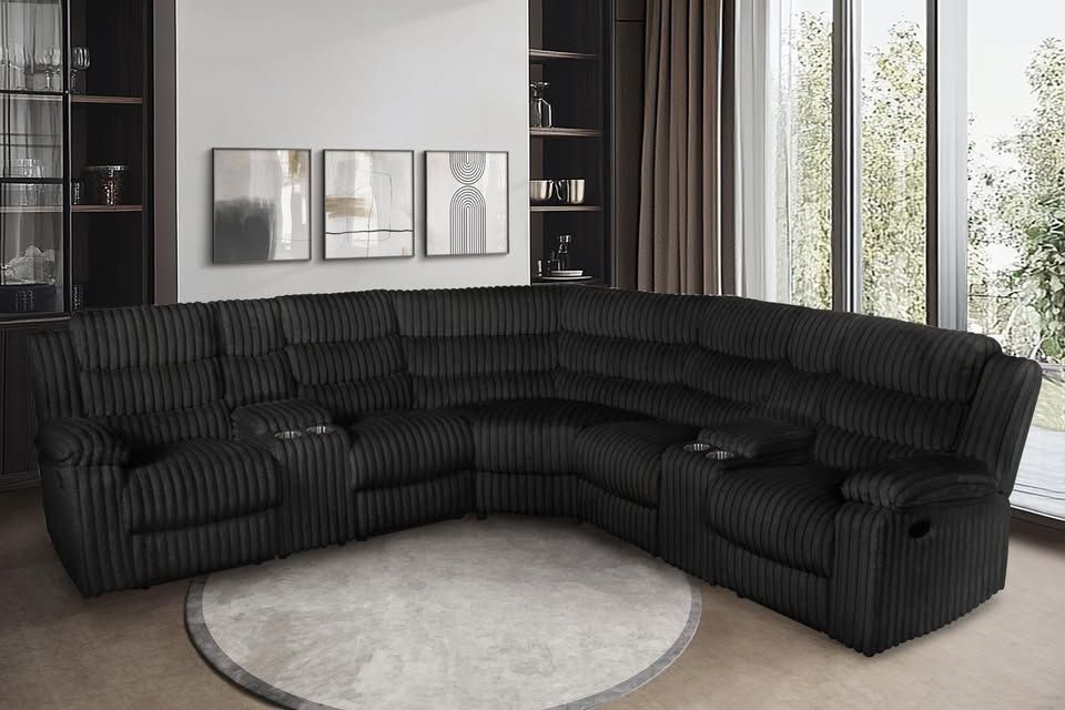 Soft Jumbo corduroy fabric large Reclining Sectional w/2 Cup holders in black