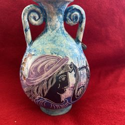 7 Inch Handmade Hand Painted Hand Etched Greek Ceramic Vase Imported From Greece 