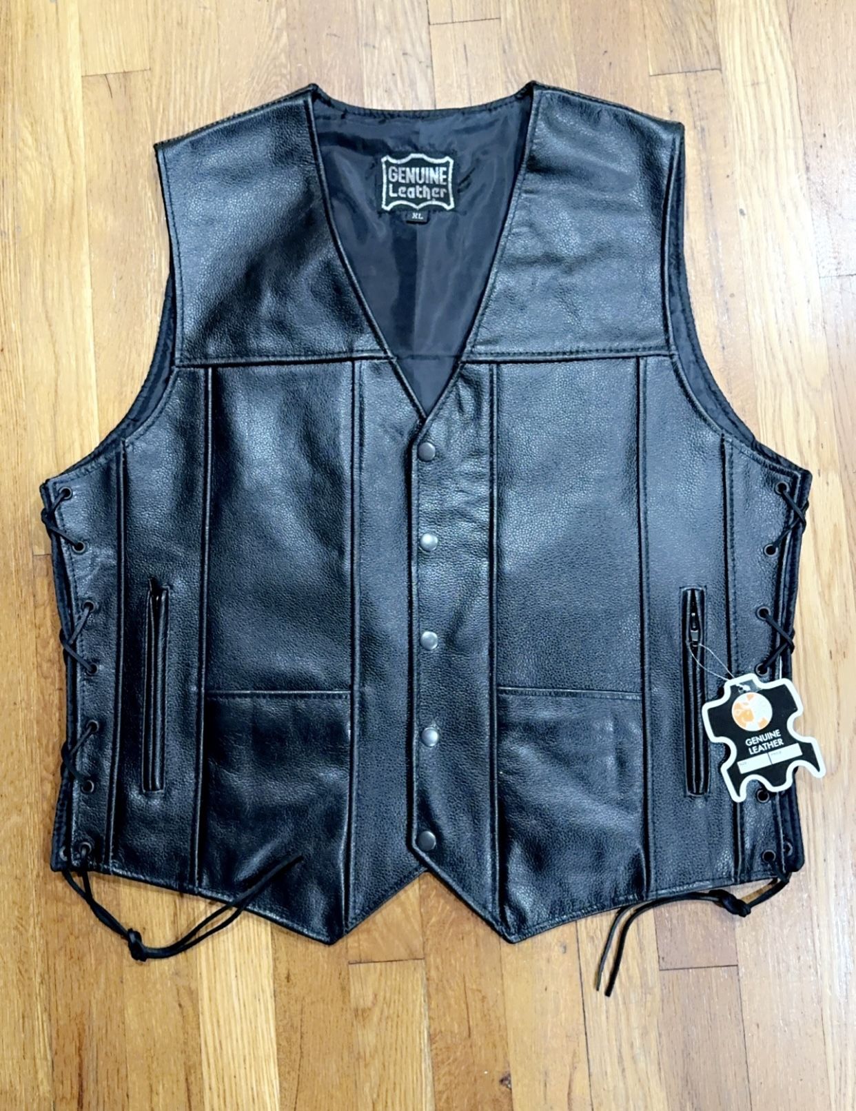 Men’s Black Leather 10 Pockets Motorcycle Biker Vest!