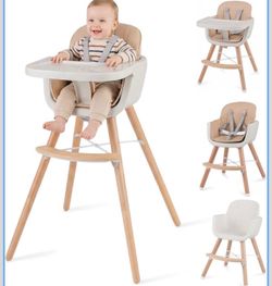 Baby High Chair, 6-in-1 Eat & Grow Wooden Highchair/Toddler Chair with Removable Tray, 5-Point Harness, PU Cushion and Footrest, Convertible High Chai