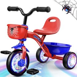 Tricycle for Toddlers 1-3 3-5 Year Olds, Spider Toddler Bike Baby Balance Bike with Colorful Lighting Wheels & Large Basket, Birthday Gift and Toy for