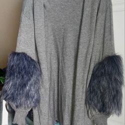 Cliche Womens  Open Cardigan Fur Sleeves Grey Size Small