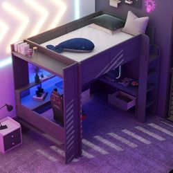 NEW Gray Full Gaming Style Wood Loft Bed with Built-In Tabletop, LED, Charging Station, Multiple Storage Shelves, Drawer