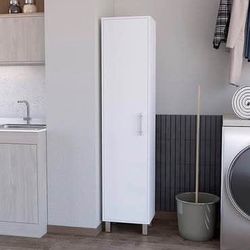 Minor Chipped Newly Assembled Tall Storage Cabinet, Single Door with Broom Hangers