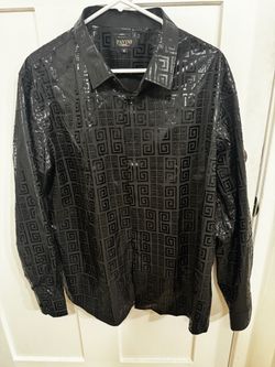 Pavini Men's Black Sheer Greek Key Dress Shirt