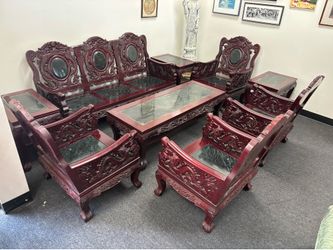 Vintage Chinese rosewood furniture set with marble inlays. Intricate carvings. Green marble inlays