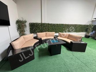 NEW🔥Outdoor Patio Furniture Set 7 Pc Curved Half Moon Brown Wicker Beige w/30" Firepit ASSEMBLED