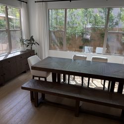 Brown Natural Rectangular Solid Pine Wood 106" Dining Table With Bench + Side + Armchair Set For 6 Almost new