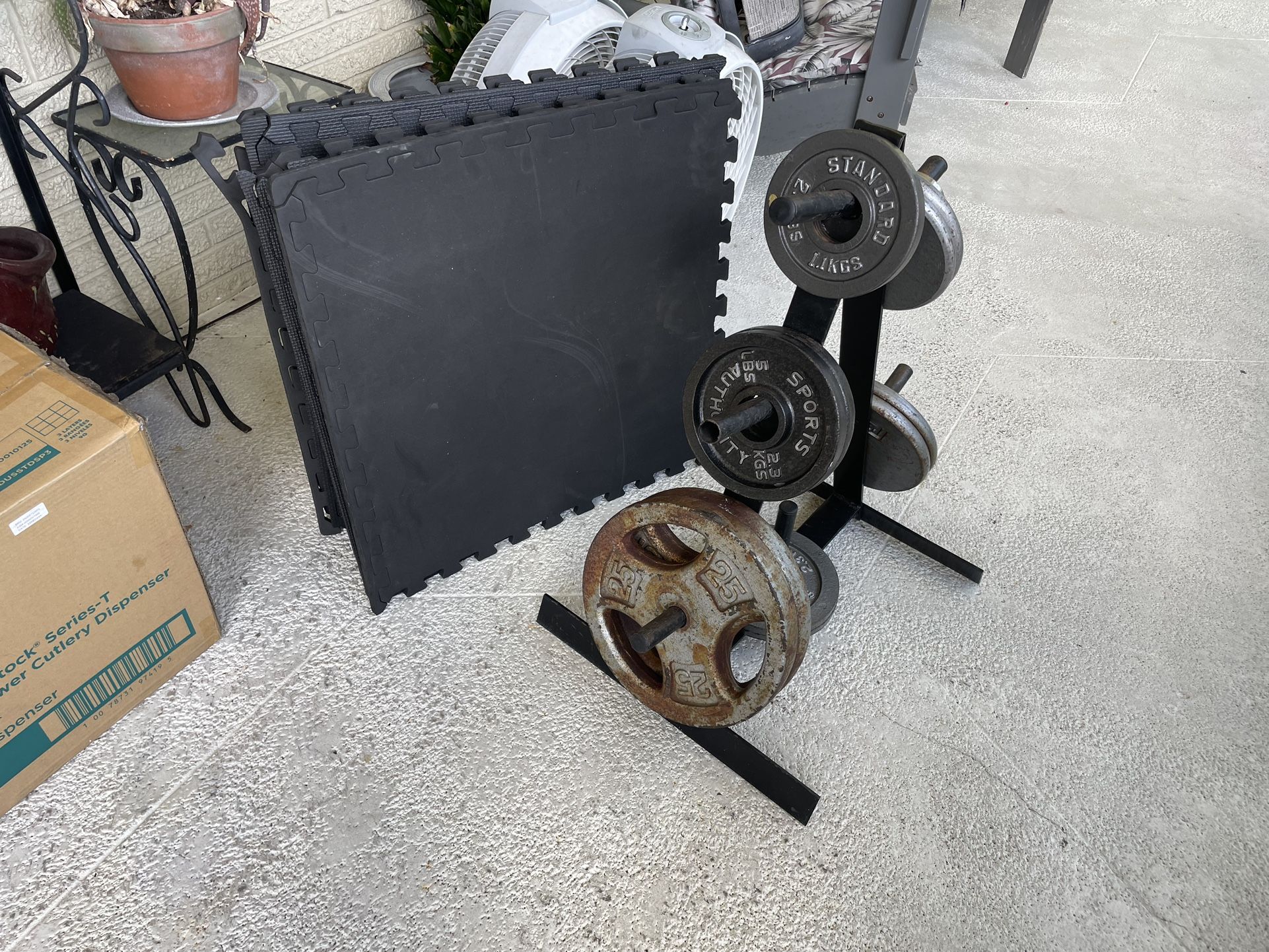 Weightlifting weights rack plus weights, and floor pad