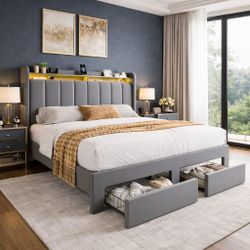 Queen Bed Frame with Vertical Channel Tufted Wingback Headboard & 2 Storage Drawers/2-Tier Shelves with LED Lights & Charging Station/Noise-Free/No Bo