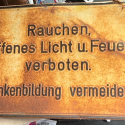 Antique German Industrial Safety Sign “Rauchen Offenes Licht Verboten” Embossed Steel Factory Warning