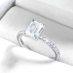 1ct Emerald Cut Lab Diamond, .56 CTs Pave Lab Diamond, Set 925 Silver