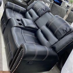 New Lexington, black living room, reclining sofa, loveseat, and recliner with free delivery
