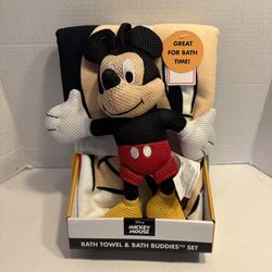 Disney Mickey Mouse Bath Towel 25”x50” & Sponge Set  - Bath Buddy 4”x12”
