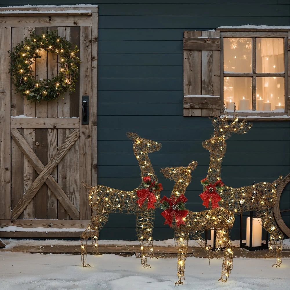 Open Box 3-Piece Rattan and Iron Deer Family Outdoor Holiday Decoration with Lights Hd2071