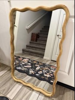 Scalloped Mirror With Wood - 23.6” X 37.7” Hanging Bathroom Mirror Makeup Mirror Decor