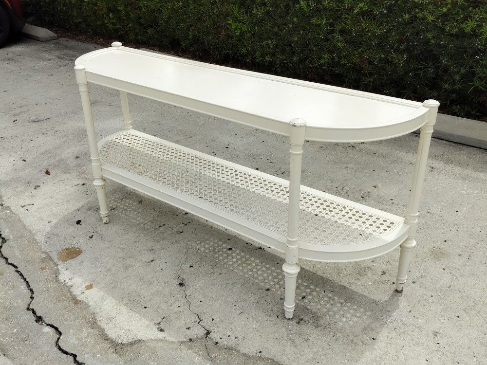 Vintage Palm Beach Hollywood Regency Half Moon Style Faux Bamboo and Cane Hallway Foyer Console Table