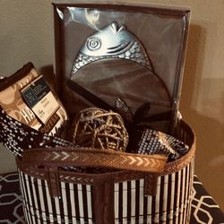 Brown bamboo gift basket with handles
