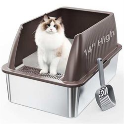 NEW 14" XL Stainless Steel Litter Box for Cats, Enclosed Metal Litter Box with Lid, Extra Large Kitty Litter Box with High Sides for High Peeing Cat, 