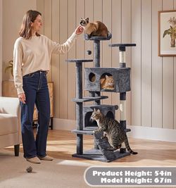 Multi-Level 54-Inch Cat Tree with Dual Condos and Scratching Ramp / 54in cat tree dark gray/