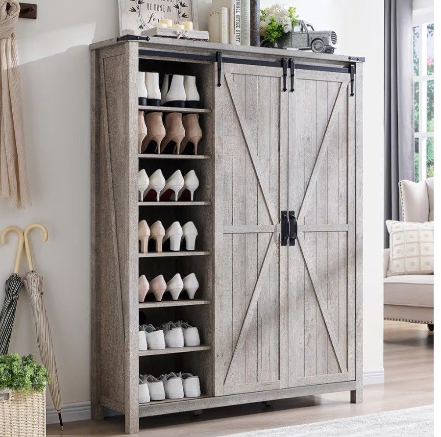 Shoe Storage Cabinet with 2 Sliding Door, 7-Tier 62" Tall Farmhouse Entryway Shoe Organizer, Freestanding Rustic Hidden Shoe Rack Cabinet for Entryway