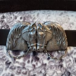 Massive Douglas PAQUETTE Signed HORSES’ HEADS w/Chain Bridles Belt Buckle Silver  Metal Vintage Designer Runway Couture Animal Cowboy Statement
