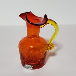 Rainbow Hand Blown Crackle Glass Small Pitcher 4.25"