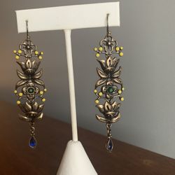 Vintage, gold tone long Dangle EARRINGS with green, blue crystal glass accents