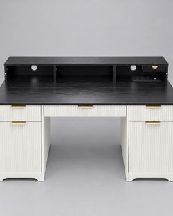 Modern Black & White Storage Desk with Built-In Power Outlets