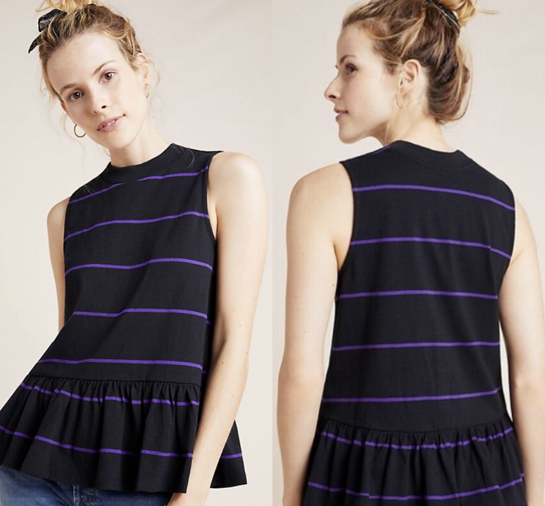 NWT $68 Anthropologie Purple Striped Hidi Mock Neck Peplum Pullover Top XS