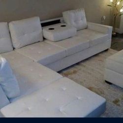 White Faux Leather Reversible Sectional With Storage Ottoman Set / In Stock 