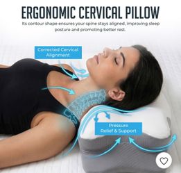 ergonomic memory foam cervical pillow is designed for neck support and pain relief with a contoured, cloud-shaped design.