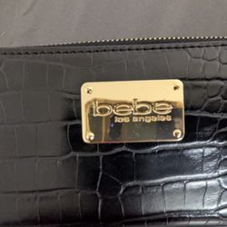 Evelyn Crocodile Skin Large Black Gold Baby Logo Zipper Coin Purse Clutch Bag