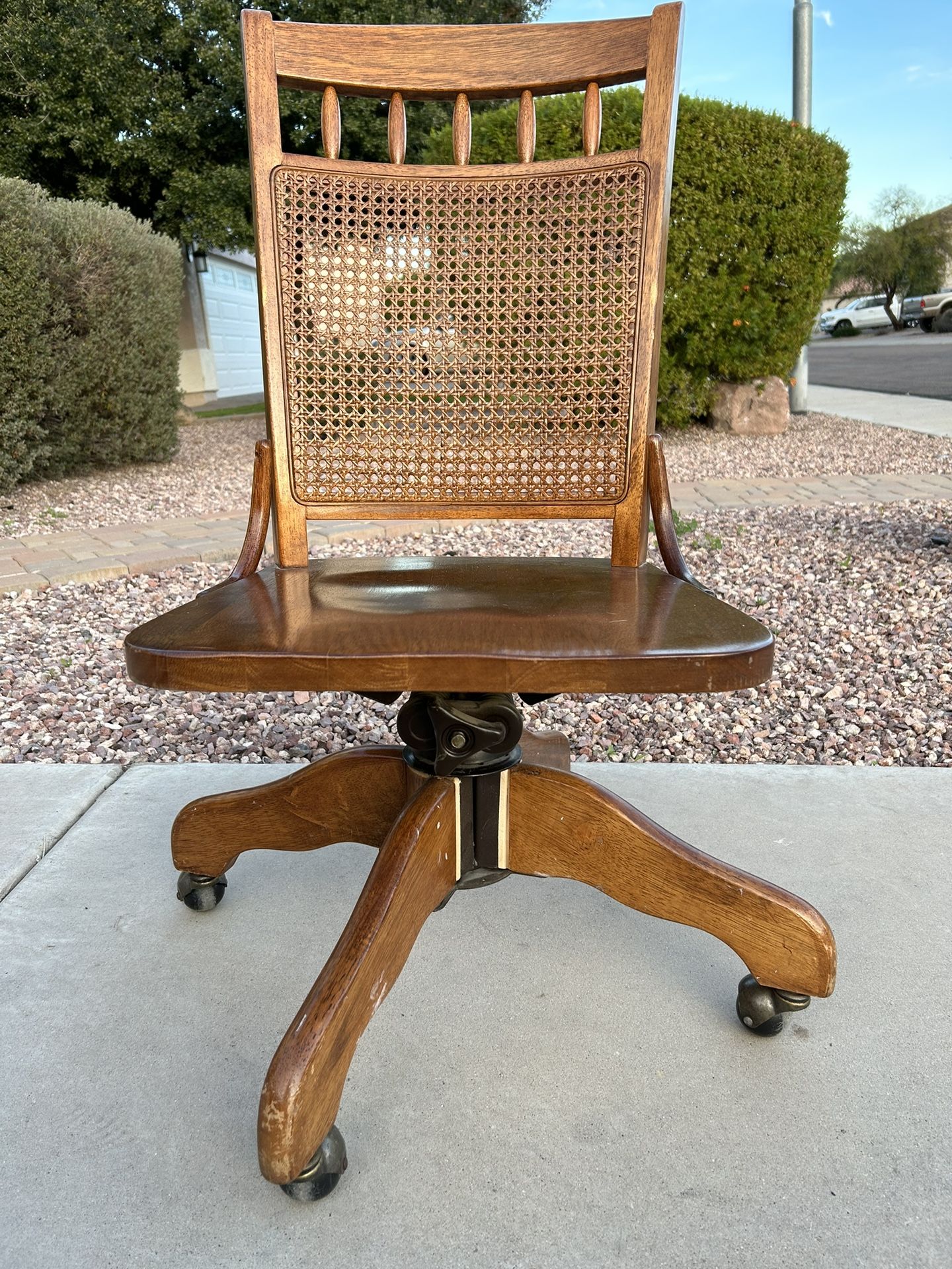 Mid Century Modern Cane Back Rolling Swivel Bankers Chair!