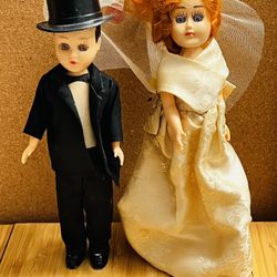 Vintage 50s Plastic 8 1/4 Inches Bride And Groom Dolls Sleepy Eye 