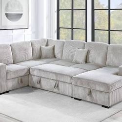 New Corduroy Sectional With Storage.  Black, Ivory, Grey.  92x120x61x36H.  Free Delivery!