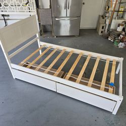WHITE TWIN BED FRAME W/ HEADBOARD & UNDER BED STORAGE DRAWERS & SLATS SUPPORT