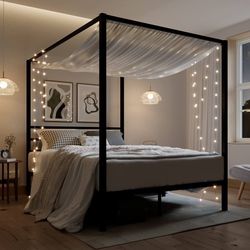 Queen Size Metal Canopy Bed Frame, Modern Four-Poster Platform Bed Frame, Mattress Foundation, Under-Bed Storage Space, No Box Spring Needed, Black