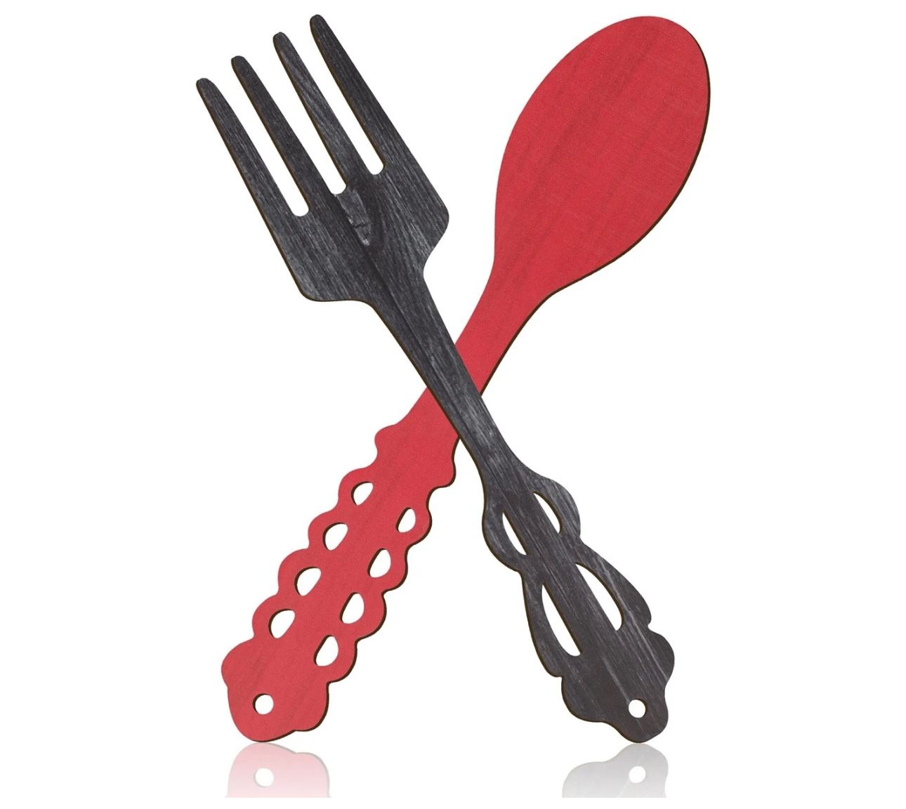 2 Pcs Large Fork, Spoon Wall Decor Wooden Shaped Wall Sign for Kitchen Red Gray