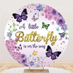Laeacco Girls Baby Shower Round Backdrop 7.2x7.2FT Butterfly Baby Shower Circle