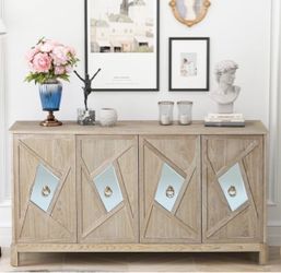 Side Board with Square Mirror, Modern 4-DoorStorage Cabinet with Mirrored Decorative Doors, Cabinet for Bedroom,Living Room,Office,Easy Assembly, Wood