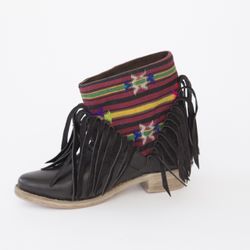 Short Black Leather Fringe Boots