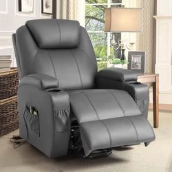 New Power Lift Recliner Chair with Massage PU Leather Sofa with Remote Control and Two Cup Holders, Suitable for Living Room, Dark Gray  New in box T-