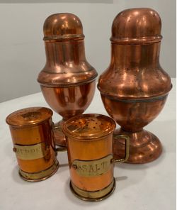 Vintage Copper Salt & Pepper Shakers – Large Pedestal Pair + Brass Accent Pair, 2 sets